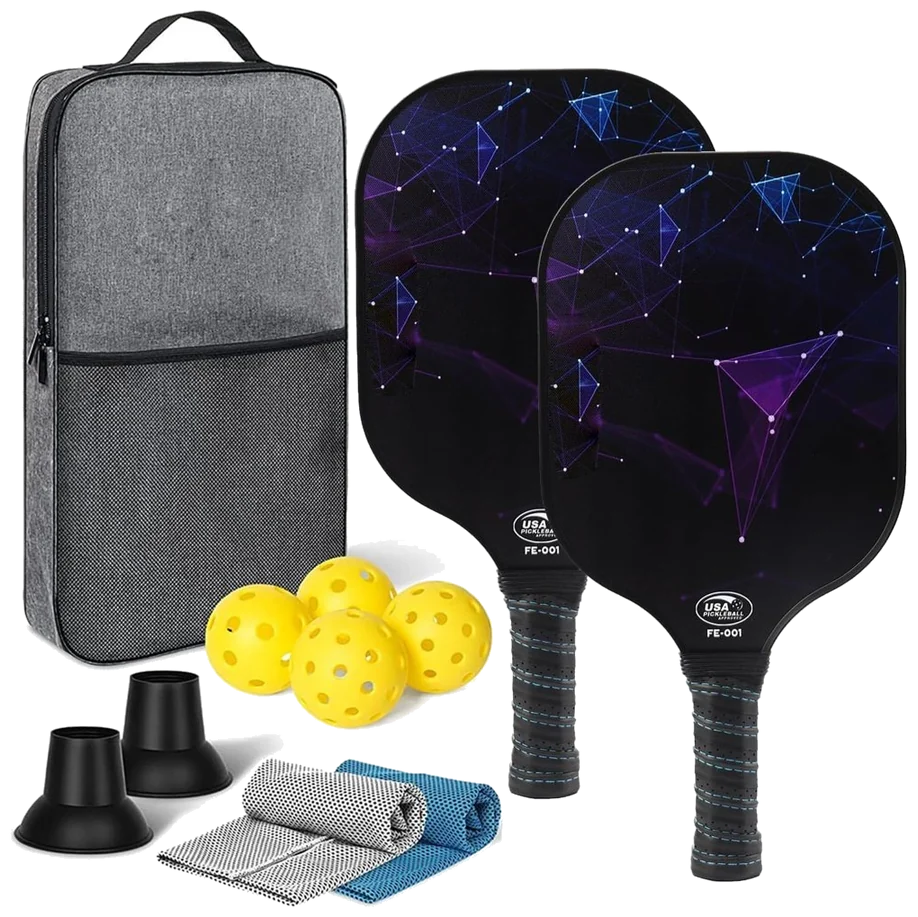 ست دو عددی راکت پیکل‌بال کربن با کاور، ۴ توپ و حوله - Carbon Pickleball Set of 2