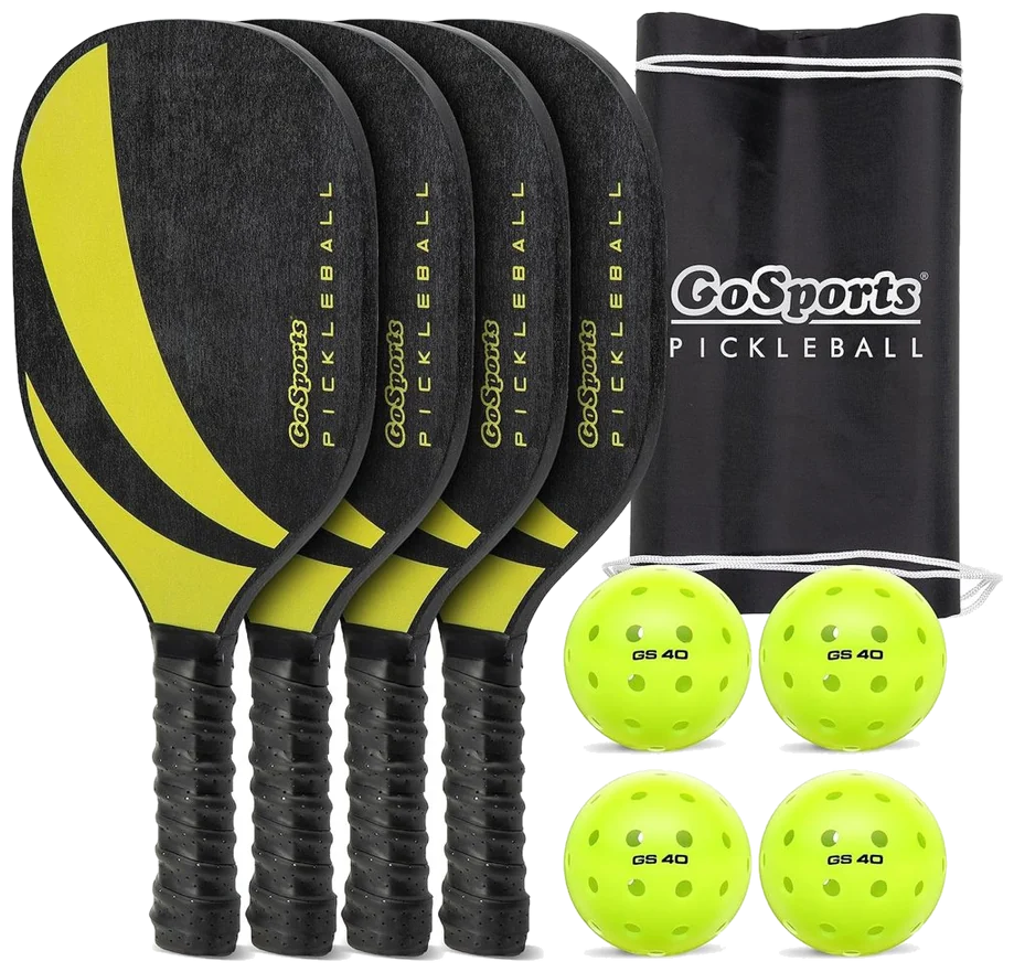 ست چهار عددی راکت پیکل‌بال چوبی گو اسپورتس زرد با ۴ توپ - GoSports Wooden Set of 4