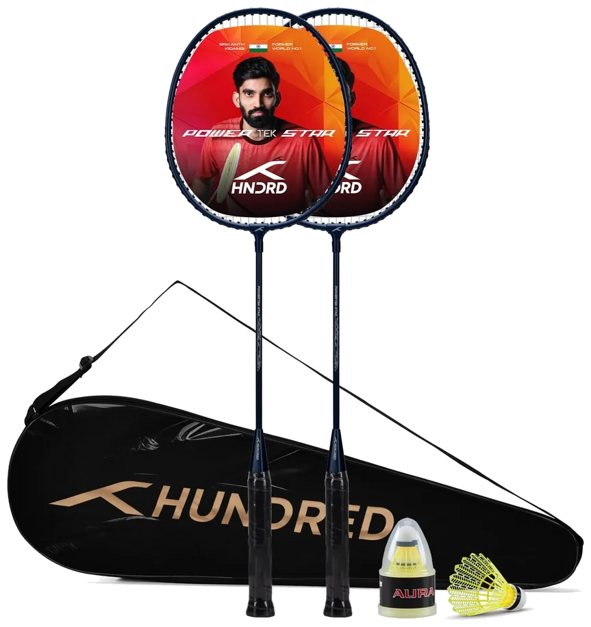 ست دو عددی راکت بدمینتون هاندرد پاورتک استار سرمه‌ای - HUNDRED Powertek Star Set