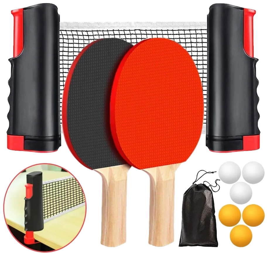 ست راکت پینگ‌پنگ با تور قابل حمل، ۶ توپ و ساک - Portable Table Tennis Racquet Set